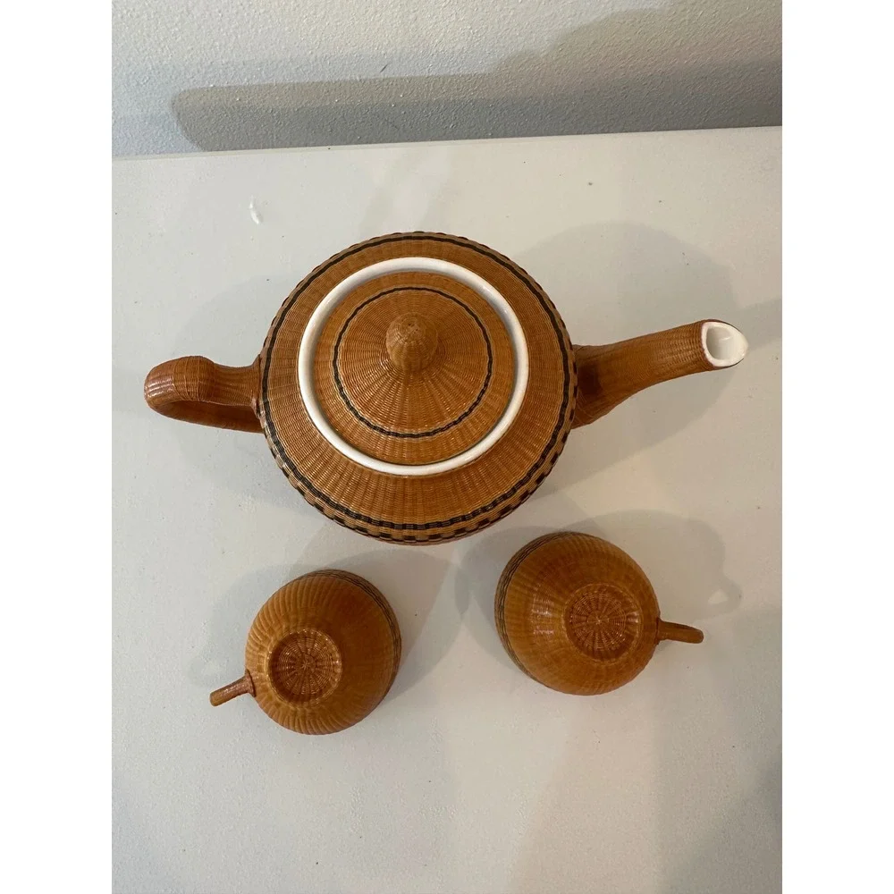 Vintage Woven Wicker Rattan Wrapped Ceramic Teapot and 2 Cups Tea Set Brown